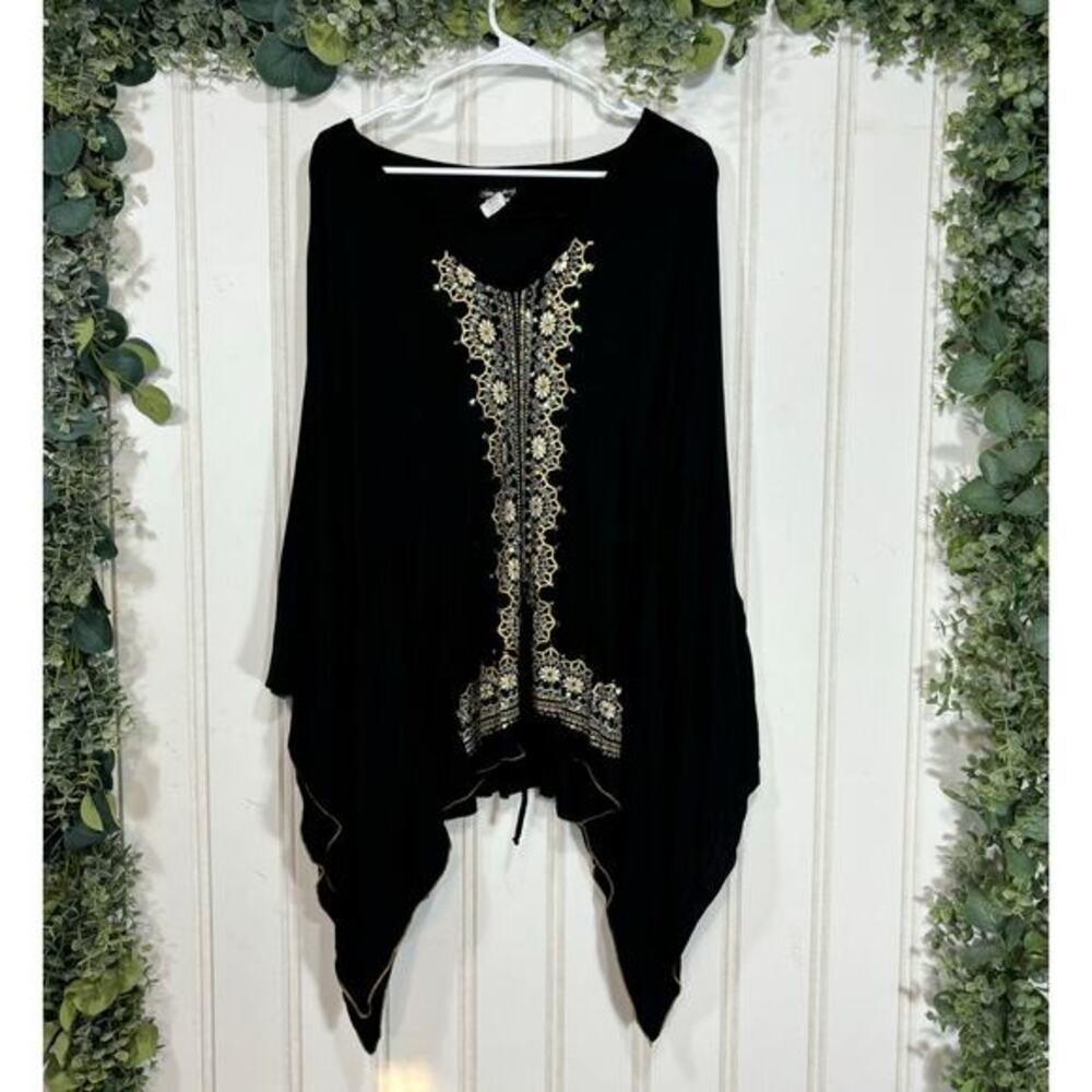 y2k Vintage Mandee Black Embroidered Box‎ Top Tunic Blouse Batwing ONE SIZE